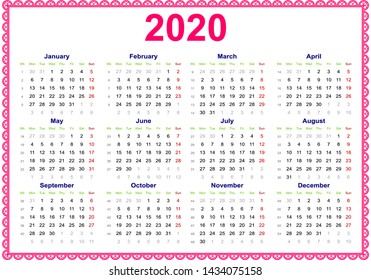 Calendar grid for the year 2020 with a lace frame. In English, the week starts on Monday, one red day Sunday. Vector illustration.