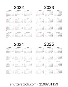 Calendar grids for 2022 2023 2024 2025 