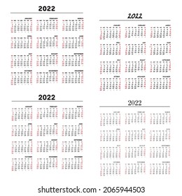 Calendar grids for calendars for 2022. Different design of blocks on a white background. Week starts on sunday