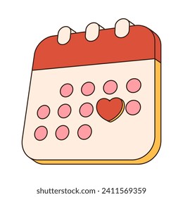 calendar groovy retro icon Retro cartoon Valentines day element in trendy retro 60s 70s style. Vector illustration..