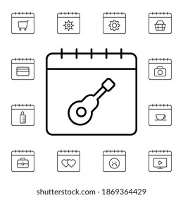 Calendario, icono de vector plano de guitarra en el paquete de calendario