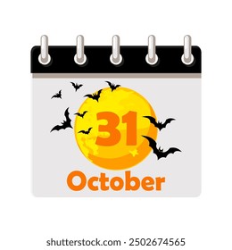 Calendar of Halloween date. 31 October - Happy Halloween Day. Cartoon moon with black bats. Illustration for page of calendar or your print, greeting card