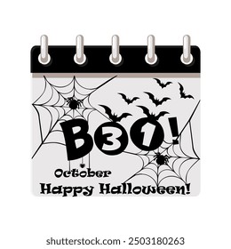 Calendar of Halloween date. 31 October - Happy Halloween Day. Halloween spooky phrase Boo. Illustration for page of calendar or your print, greeting card