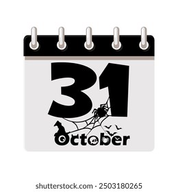 Calendar of Halloween date. 31 October - Happy Halloween Day. Phrase October 31 with a spider. Illustration for page of calendar or your print, greeting card