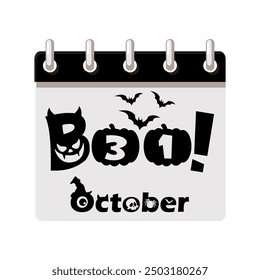 Calendario de Halloween fecha 31 octubre - Feliz día de Halloween. Frase espeluznante de Halloween Boo. Ilustración para la página del calendario o su impresión, tarjeta de felicitación