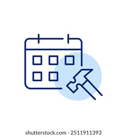Calendário e martelo. Prazo de construção, projeto de renovação previsto. Pixel perfeito, ícone de traçado editável