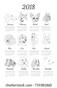 Calendar with hand drawn dog breeds for year 2018. Unique dog breed for calendar for new year.