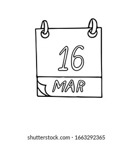 manual del calendario dibujado en estilo doodle. 16 de marzo. fecha. icono, adhesivo, diseño de elementos