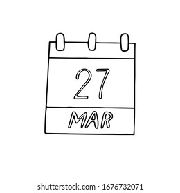 calendar hand drawn in doodle style. March 27. day, date. icon, sticker, element