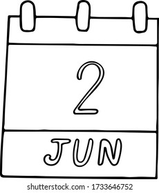 calendar hand drawn in doodle style. June 2. Day, date. icon, sticker, element