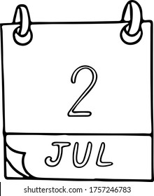 mano de calendario dibujada al estilo doodle. 2 de julio. Día Mundial de Periodistas Deportivos, OVNI, fecha. icono, pegatina, elemento, diseño. planificación, vacaciones de negocios