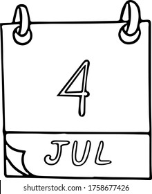 Mano del calendario dibujada al estilo de doodle. 4 de julio. Día Internacional de las Cooperativas y Día de la Independencia, fecha. icono, pegatina, elemento, diseño. planificación, vacaciones de negocios