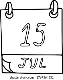 mano de calendario dibujada al estilo doodle. 15 de julio. Día Mundial de la Juventud, Perro caliente, cita. icono, pegatina, elemento, diseño. planificación, vacaciones de negocios