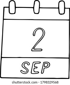 mano de calendario dibujada al estilo doodle. 2 de septiembre. día, fecha. icono, pegatina, elemento, diseño. planificación, vacaciones de negocios