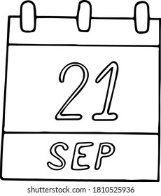 calendar hand drawn in doodle style. September 21 International Day of Peace, World Alzheimer, Zero Emissions, date, icon, sticker, element, design. planning, business holiday