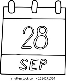 mano de calendario dibujada al estilo doodle. 28 de septiembre. Día Mundial de la Rabia, fecha. icono, pegatina, elemento, diseño. planificación, vacaciones de negocios