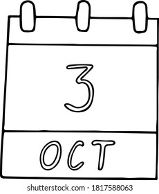 Kalender handgezeichnet im Doodle-Stil. 3. Oktober. Tag, Datum. Symbol, Aufkleber, Element, Design. Planung, Geschäftsferien