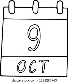 Kalender handgezeichnet im Doodle-Stil. Oktober 9. Weltposttag, Ei, Datum. Symbol, Aufkleber, Element, Design. Planung, Geschäftsferien