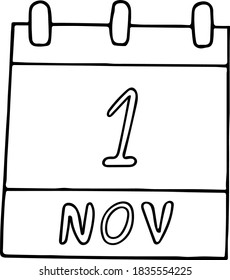 calendar hand drawn in doodle style. November 1. World Vegan Day, All Saints, date. icon, sticker, element, design. planning, business holiday