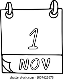 Kalender handgezeichnet im Doodle-Stil. 1. November Welttag der Veganer, Alle Heiligen, Datum. Symbol, Aufkleber, Element, Design. Planung, Geschäftsferien