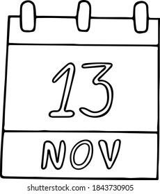 calendar hand drawn in doodle style. November 13. World Kindness Day, date. icon, sticker, element, design. planning, business holiday