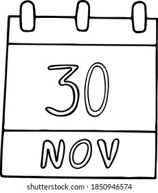 calendar hand drawn in doodle style. November 30. Cyber Monday, Computer Security Day, World Pets, date. icon, sticker, element, design. planning, business holiday