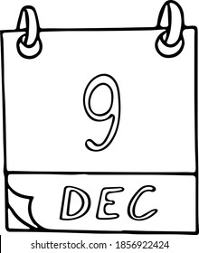 Kalender handgezeichnet im Doodle-Stil. 9. Dezember. Internationaler Tag des Gedenkens und der Würde der Opfer des Völkermordes und der Prävention gegen Korruption. Symbol, Aufkleber