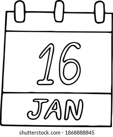 calendar hand drawn in doodle style. January 16. World Beatles Day, Religious Freedom, date. icon, sticker, element, design. planning, business holiday