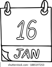 calendar hand drawn in doodle style. January 16. World Beatles Day, Religious Freedom, date. icon, sticker, element, design. planning, business holiday