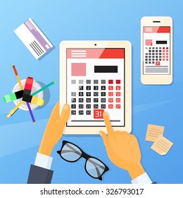 Calendar Hand Pen Tablet Computer Digital Device Date Last Day Month Deadline Flat Vector Illustration