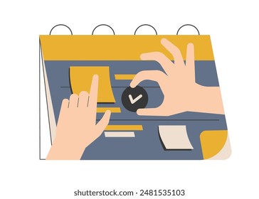 Calendario con marcas de verificación y notas adhesivas, que simbolizan la programación, la planificación y la organización en un contexto empresarial. Perfecto para ilustrar conceptos de gestión del tiempo. Vector. 