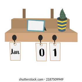 Calendar hanging on a shelf isolated on white background.