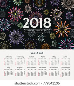Calendar happy new year 2018 colorful fireworks design background, vector illustration