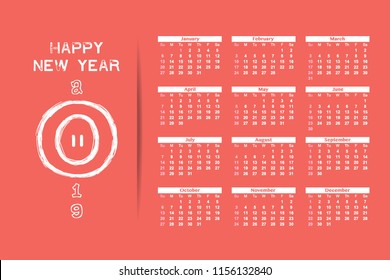 Calendar, Happy New Year 2019, Vector, Illustration Piggy on pink background For New Year's Day Cards. EPS 10