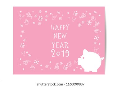Calendar, Happy New Year 2019, Vector, Illustration Piggy on pink background For New Year's Day Cards. EPS 10