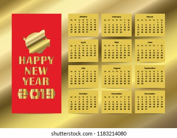 Calendar, Happy New Year 2019, Vector, Illustration on gold background For New Year's Day Cards. EPS 10