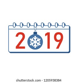 Calendar Happy New Year 2019. Number isolated on white background. Blue and red template cover. Christmas ball, snowflake. Flat design for banner, decoration, holiday celebration Vector illustration