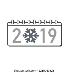 Calendar Happy New Year 2019. Number isolated on white background. Gray template cover. Christmas snowflake. Silver flat design for banner, decoration, holiday celebration Vector illustration