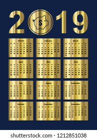 Calendar, Happy New Year 2019, Vector, Illustration gold piggy on blue background For New Year's Day Cards. EPS 10