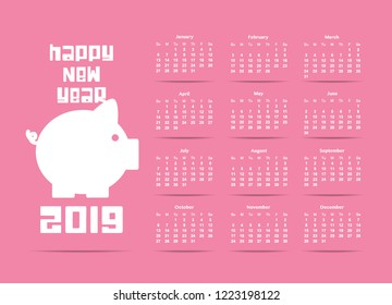 Calendar, Happy new year 2019, Vector, Illustration on pink background for New Year's card, EPS 10.