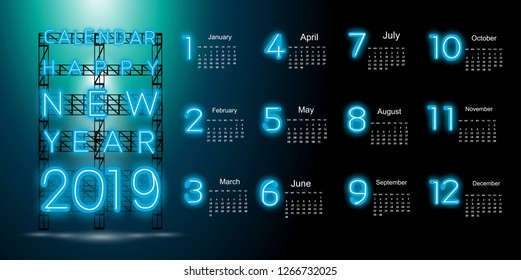 Calendar Happy new year  2019 text - Neon  alphabet  and Number - modern Idea and Concept Vector illustration.