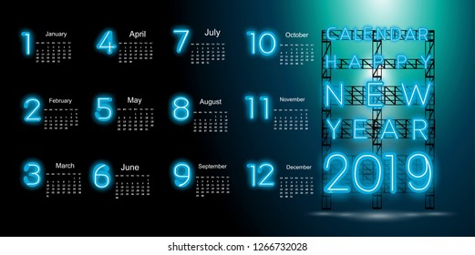 Calendar Happy new year  2019 text - Neon  alphabet  and Number - modern Idea and Concept Vector illustration.