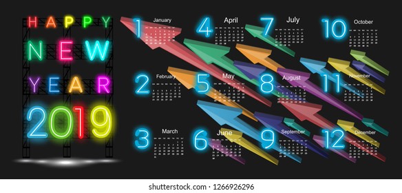 Calendar Happy new year  2019  text  - Neon  alphabet  and Number Colorful - Creative background, arrow.