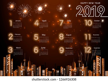 Calendar Happy new year  2019 text- Fireworks Golden - Building in the city- background Vector illustration.