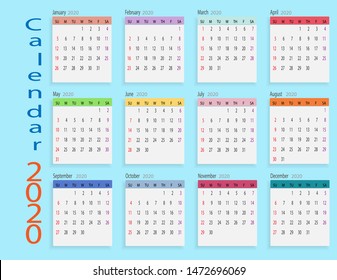 calendar happy new year 2020 template planner simple style with red color on sunday and purple color on saturday, week start on sunday, vector illustration