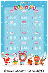 Calendar for Happy New Year of 2020 with santa calus take a handcart on snowy background.