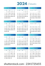 Calendar for Happy New Year 2024. Calendar 2024 Template With Gradient on White Background. Calendar 2024 week start Monday corporate design template vector.