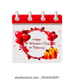 Calendar Happy Valentine Day with hearts wreath, balloons and gift boxes. Illustration Valentine day design Happy lover day for your greeting card or invitation