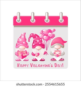 Calendar for Happy Valentine Day with illustration Cartoon Gnomes. Three gnomes holding balloons and gifts in the form of a heart