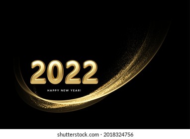 Calendar header 2022 with golden waves swirl with golden sparkles on black background. Happy new year 2022 and Christmas golden waves background. Vector illustration
